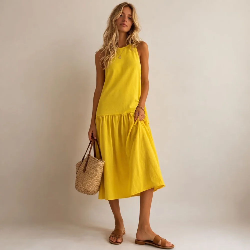 yellow drop waist midi dress Klaudyna main image 1